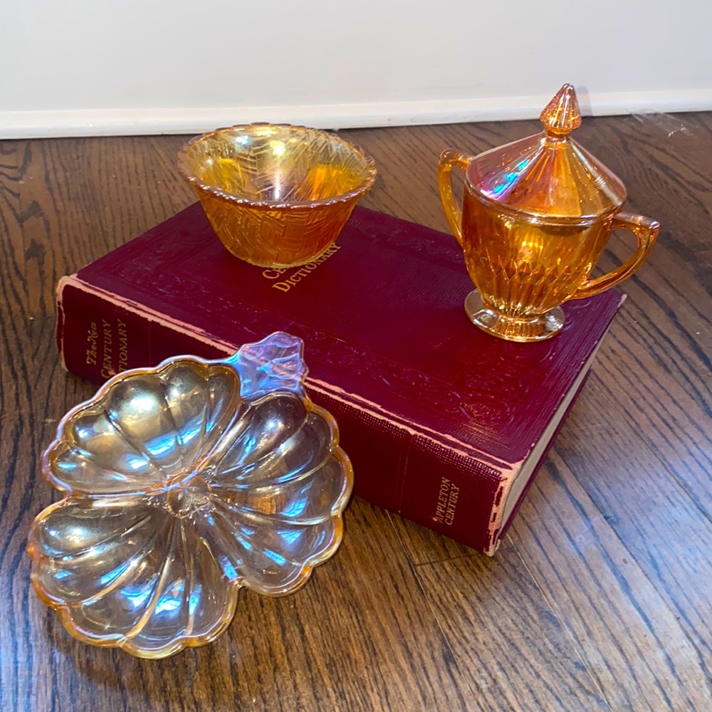 Vintage Marigold Carnival Glass bundle - 4 in bowl / 6 inch tray &